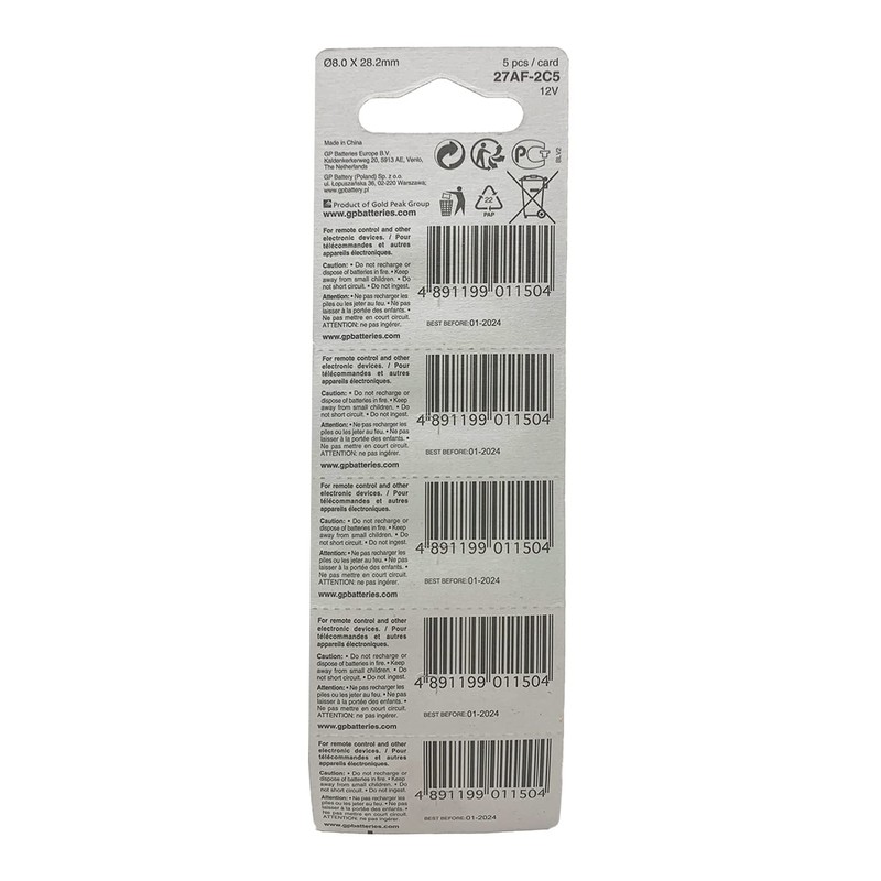12 Volt Alkaline Batteries - 5-Pack - GP Battery 27AE
