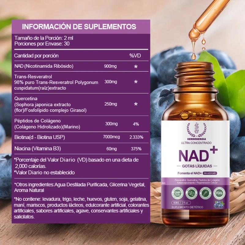 Nad+ Gotas Nr Nicotinamida Ribosa Antioxidante Mujer Hombre