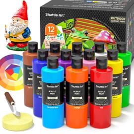 Shuttle Art Outdoor Acrylic Paint Set, 12 Colors Waterproof Paint, 8.45oz/250ml Large Bottles, Rich Pigmented Bulk Painting Supplies for Artists, Beginners on Rocks, Wood, Wall, Crafts, Garden Statues