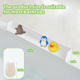 Bathtub Splash Guard for Tub Kids, 31 Inch White Bath Play Shelf, Longer Silicone Bathtub Guard Play with 11 Suction Cups, Toy Tray Caddy Holder for Tub,Water Leak & Splash-Proof, with 1pc Bath Sponge