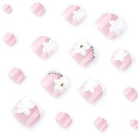 French Tip Press on Toenails White Fake Toenails with 3D White Flower Design False Toenails Summer Press on Toe Nails Short Square Acrylic Toenails for Women 24Pcs
