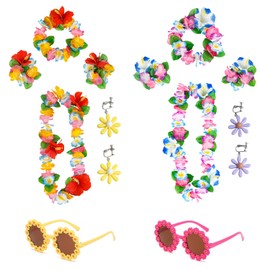12 Pcs Hawaiian Garland Fancy Dress Accessories with Hawaiian Garlands Necklace Headbands Wristbands Flower Glasses Earings with Clips Hawaiian Theme Beach Holiday Party Decorations for Kids