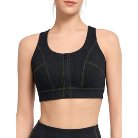 Yvette Denim Look Sports Bra Women's Strong Hold with Front Closure Large Sizes for Fitness, black, XXL large sizes