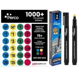 Perco Garage Sale Price Stickers with Counterfeit Money Detector Pens Kit - Includes 1000+ Pre-Priced & 75+ Blank Stickers and a Pack of 2 Fake US Bill Checker to Ensure Authenticity and Prevent Fraud