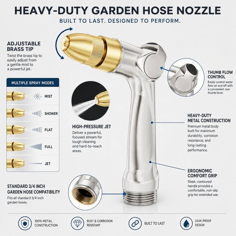 Heavy Duty Garden Hose Nozzle with Brass Tip for Lawn
