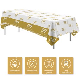 APOWBLS 50th Anniversary Decorations Tablecloth, Disposable Golden 50th Wedding Anniversary Table Decorations, for Happy 50th Wedding Anniversary Party Supplies Table Cove - 3 Pack, 54in x 108in