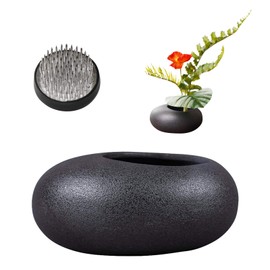 WANDIC Flower Arrangement Kit, Black Pebble Ceramic Planter Pot with 4cm Kenzan Flower Frog Pottery Floral Arranging Pin Needle Holder for Home Decor