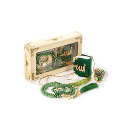 İhvan Online Mini Velvet Quran Set with Islamic Finger Counter, Portable Digital Tasbeeh, Muslim Prayer Beads, Pearl Zikirmatic Beads, 3 Pieces Gift Set for Mevlüt (Green)