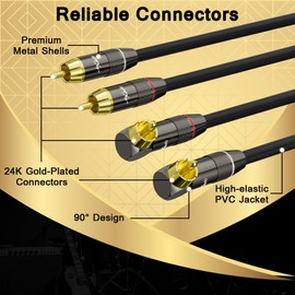 RCA Cable 20 FT, 90 Degree Right Angle 2RCA to 2RCA Stereo Audio Cable, Zinc Alloy Shell, Gold-Plated Plug, 2 RCA Audio Cord, for Home Theater, Subwoofer, HDTV, Amplifier, Hi-Fi System, Car, Speaker