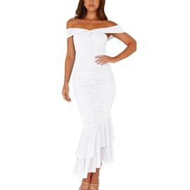 GOBLES Women's Sexy Off The Shoulder Slim Fitting Ruffle Buttom Ruched Bodycon Midi Party Dress White