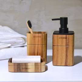 Bathroom Set 3 Piece Acacia Wood Bathroom Accessory Set with Soap Dispenser Bathroom Cup Soap Dish Accessories for Bathroom Decor