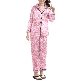 Umeyda Girls & Women Satin Pajamas Set, Long Sleeve Silky Button Down Sleepwear Loungewear for Kids Boys, Y-leopard Pink, Large