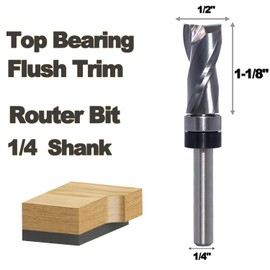 Flush Trim Router Bit 1/4 Shank - 1/2" Cutting Dia, 1-1/8" Cut Height, Carbide Spiral Pattern Template Up-Cut Top Bearing Flush Cut Router Bit, for Wood Trimming