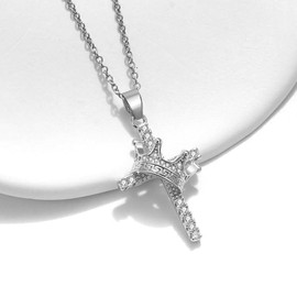 Delicate Crown Cross Necklace for Women 14k Gold Zircon Cross Pendant Necklace Simple Faith Necklace Fashion Crown Charm jewelry (Silver-A)