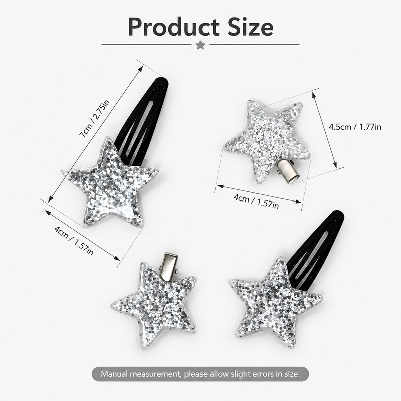 4Pcs Silver Glitter Star Hair Clips for Women Girls Y2K