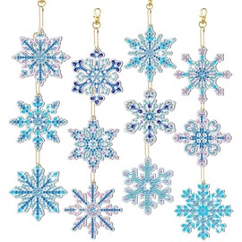 HO2NLE Pack of 12 Diamond Painting Christmas Pendant Snowflake 5D Diamond Painting Key Ring Christmas Decoration for DIY Making Christmas Tree Window Hanging Christmas Decoration
