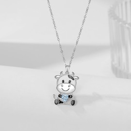 Cow Birthstone March Necklace 925 Sterling Silver Pendant Necklace Cow Charm Gifts for Women