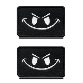 2 Pack Funny Evil Smile Smiling Happy Face DIY Hook and Loop Embroidered Tactical Patch for Team Work Clothes Jersey Backpack Caps Travel Tactical Military