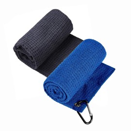 FUBAOLIN 2PCS Golf Towel Tri-fold Waffle Towels Microfiber Fabric with Carabiner Clip for Hanging on Golf Club Bag, Yoga Camping Gym 30x30cm(Black+Bule)…