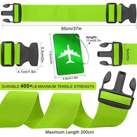 PUWOWYE Pack of 4 Suitcase Strap, Suitcase Strap Eye-catching, Adjustable Luggage Strap, 2 Pieces Suitcase Straps, 2 Pieces Blue Suitcase Straps Green with 2 Pieces Luggage Tags
