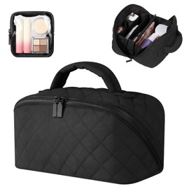 Makeup Bag for Women, Wide Open Lay-Flat Water-Resistant Cosmetic Case, Festivalment Makeup Bag, Spacious 180° Open Cosmetic Organizer for Toiletries & Brushes Large Capacity with Compartments (Black)