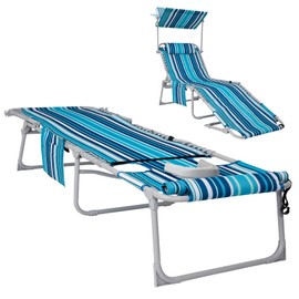 #WEJOY 3 in 1 Tanning Chair with Face Hole & Canopy, 300 lbs Heavy Duty 5 Positions Folding Face Down Lounge Chairs Outdoor with Pillow & Storage Bag Portable for Pool Beach Lawn Camping (Bluestrips)