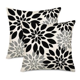 Smilyard Black Grey White Pillow Covers 16x16 Inch Set of 2 Dahlia Floral Decor Throw Pillows Spring Summer Modern Geometry Flower Outdoor Decorative Cushion Cases for Sofa Couch Bed Decorations