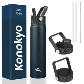 Konokyo Insulated Water Bottle 24oz Stainless Steel Sport Bottles with 3 Lids,Navy Blue
