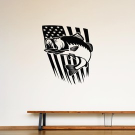 Vinyl Wall Decal Fish Fishing Hobby USA Flag Symbol United States Stickers Mural Large Decor (g2541) Black