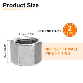 sourcing map 2pcs Hex End Cap 304 Stainless Steel Nut, NPT 3/8" Female Thread Pipe Fitting, Gas Line Water Line Stop Valve Cap Tubing Ends for Plumbing Fittings, Silver Tone
