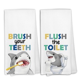 KTYHD Funny Shark Kids Hand Towels, Ocean Animal Brush Your Teeth Flush The Toilet Bathroom Hand Towels Decorative Set, Shark Lover Gifts for Kids Teens, Boys Bathroom Decor Dish Cloths &