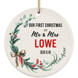 Newlyweds Christmas Ornament Tree - Our First Christmas as Mr & Mrs Lowe Ornament 2018-1st Christmas Married Gifts - Ceramic Ornament 3 Inches White White
