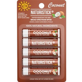 Mineral SPF 30 Vegan Lip Balm by Naturistick | Broad Spectrum UVA/UVB Sunscreen Protection with Zinc Oxide | 100% Natural, Coral-Friendly Formula | Oxybenzone Free | 5-Pack Coconut | Made in USA