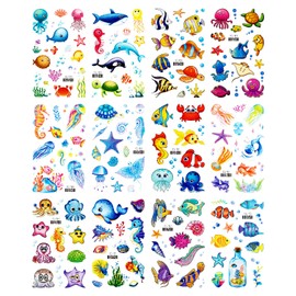 12 Blatt Meerestiere Tattoo,Glitzer Unterwasser Tattoos für Kinder,Temporäre Fake Tattoos mit Hai,Krake,Seestern,Wasserdichte Party Deko für Geburtstag,Unter dem Meer Themenparty und Sommerfest