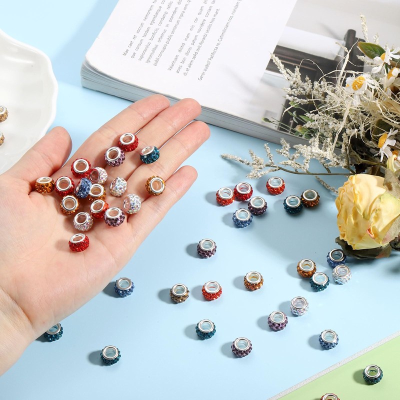 uxcell 50Pcs European Large Hole Beads, Rhinestone Craft Bead Crystal