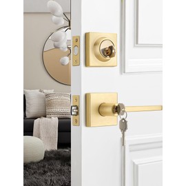 3 Sets Entry Door Handle and Single Cylinder Deadbolt Lock and Key Combo Pack - Heavy Duty Square Locking Lever Set - Interior/Exterior Door Levers in Satin Brass Finish