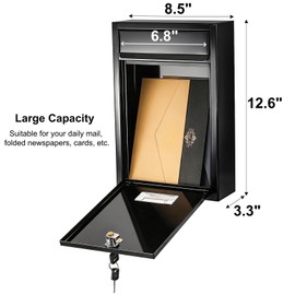 DEAYOU Wall Mount Mailbox for Outside, Mail Box with Key Lock, Steel Cover Metal Drop Box, Dropbox with Slot for Envelope, Home, Office Business, Decor, 12.6" H x 8.5" L x 3.3" W, Black