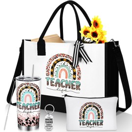 Sliner 4 Pcs Teacher Appreciation Gifts for Christmas Teacher Tote Bag for Women Teacher Gift Basket 20 oz Insulated Tumbler Rainbow Canvas Makeup Bag Keychain Unique Gifts for Teacher(Cute Style)