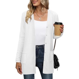 Totatuit Long Sleeve Cardigans Open Front Cardigans Women Lightweight Knitted Longline Cardigan Mid-Lendth Ladies Spring Knitwear with Pocket 05 White L