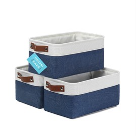 OrganiHaus Small Fabric Storage Baskets for Shelves 3 Pack, 12x8in Closet Storage Bins for Shelves, Cloth Baskets for Organizing, Linen Closet Organizers, Fabric Basket, Navy Blue/White