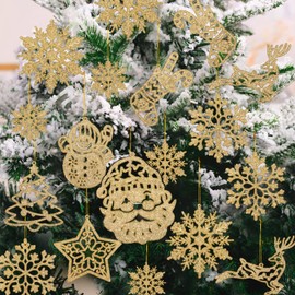 Christmas Tree Decoration – 42 Pieces Gold Glitter Snowman Reindeer Santa Claus Snowflakes Ornaments Glitter Christmas Tree Decoration in 10 Different Shapes and Included Silver Threads