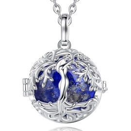 INFUSEU Tree of Life Necklace Lapis Lazuli Jewelry for Women Royal Navy Blue Healing Stone Crystal Ball Pendant Positive Energy Protection Rock Holder Cage Spiritual Gift