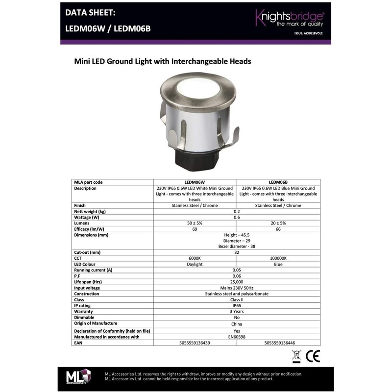 Knightsbridge Mini Ground Light, Metal, 0.6 W, White