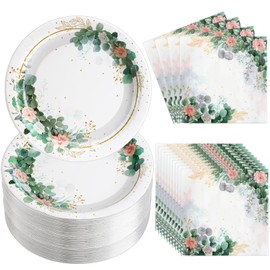 Umigy 100 Pcs Tea Party Supplies Disposable Plates Napkin Set Tableware Set Dinner Lunch Dessert Appetizer for Tea Party Baby Shower Birthday Bridal Shower Mother's Day Serves 50 (Green,Flower)