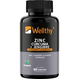WELLTHY  Zinc, Cúrcuma y Jengibre 90 Cápsulas. Hecho con L-Optizinc, fórmula patentada de alta absorción por el laboratorio Suizo Lonza. Sólo 1...    