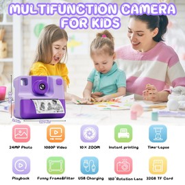 TVYTYAT Instant Print Camera for Kids, 1080P Cameras Instant Print,HD Selfie Digital Video Cameras Toddler 3 Print Paper & 32G Card,Christams Birthday Gifts for Girls Boys Age (Purple)