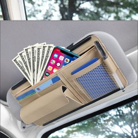 JEYODA Car Sun Visor Organizer Auto Car Visor Pocket and Interior Accessories Car Storage Organizer with Multi-Pocket Net Zippers (Style 2-Beige)