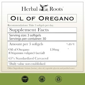 Herbal Roots Aceite de orégano - Hecho con aceite de orégano mediterráneo - 90 cápsulas blandas fáciles de tragar - Extra fuerte 150 mg