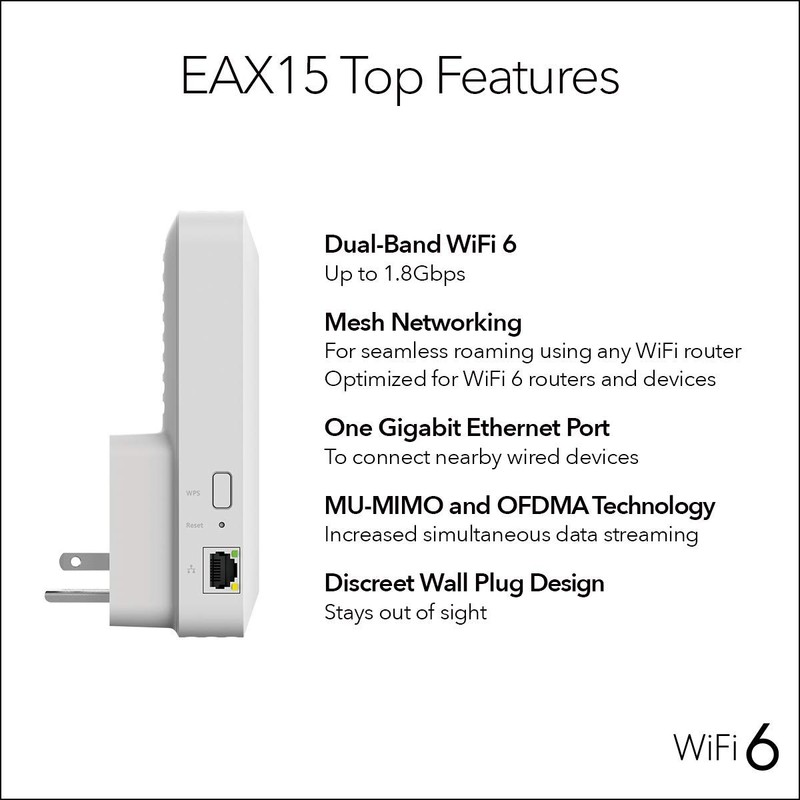 NETGEAR EAX15-100NAR AX1800 Dual-band WiFi 6 Mesh Extender Wall Plug