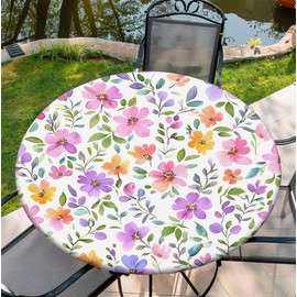 Yesad Spring Flower Round Fitted Tablecloth with Elastic Edge 44" Table Cloth Waterproof Reusable Outdoor Round Table Cover for Kitchen Picnic Patry